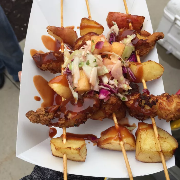 Applewood Chicken Skewers with pineapple slaw