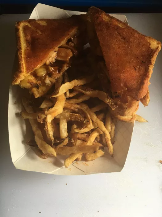 Inside Out grilled cheese sandwich with fresh cut fries