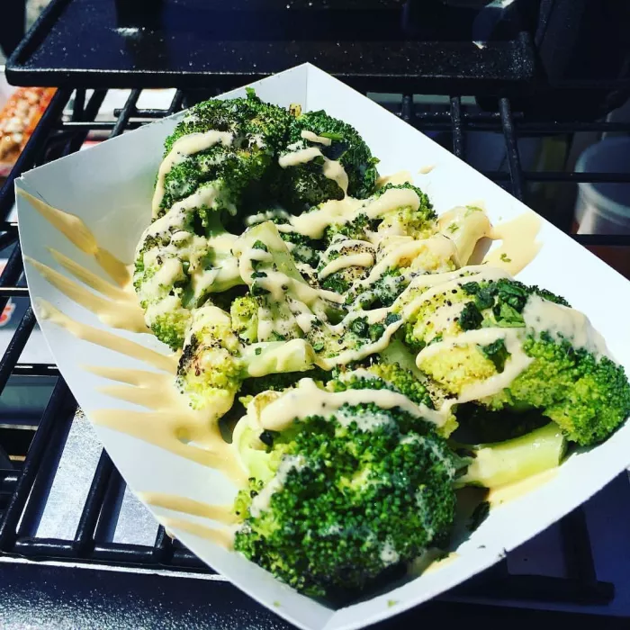 Charred Broccoli Topped with Cheddar Mornay